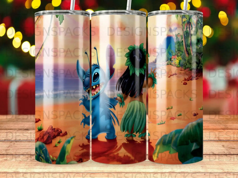 Stitch and Angel from Lilo and Stitch with a jungle background.