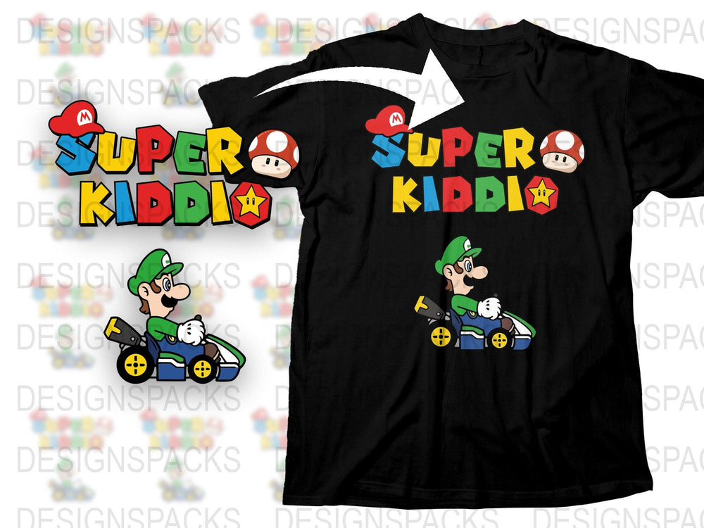 Luigi Kart Character Black T-Shirt, Super Kiddi Graphic Tee, Colorful Icons, Gaming Apparel, Fun Kids and Adult Sizes Available