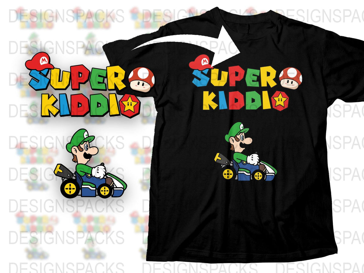 Luigi Kart Character Black T-Shirt, Super Kiddi Graphic Tee, Colorful Icons, Gaming Apparel, Fun Kids and Adult Sizes Available
