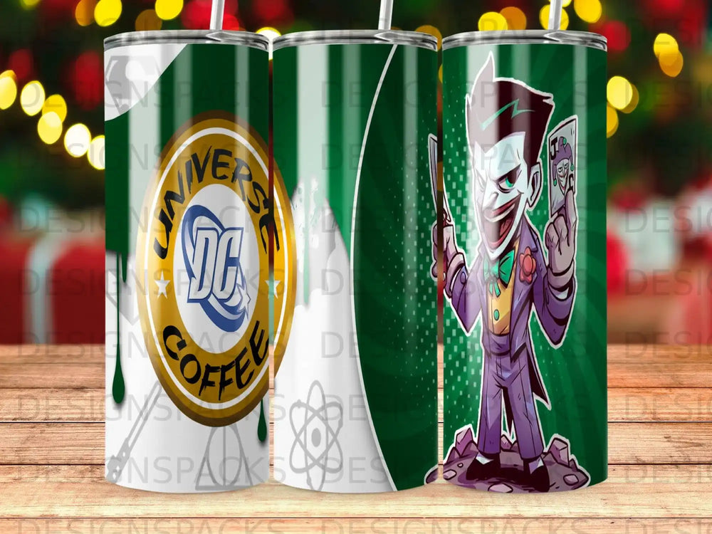 Joker character in a purple suit holding a playing card.