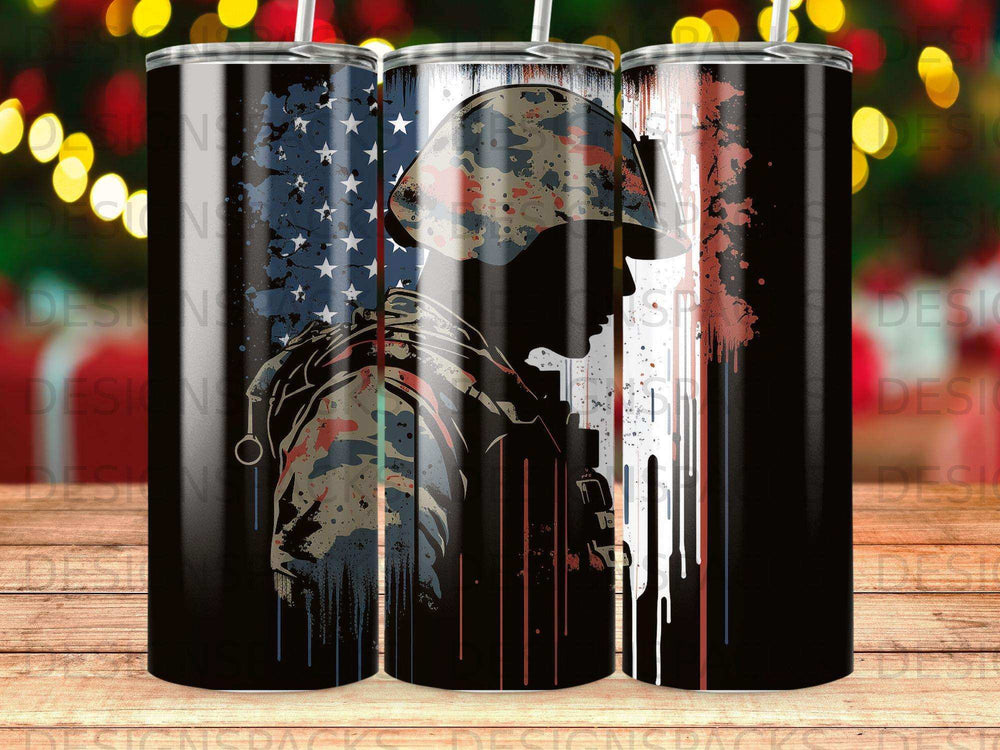 Soldier silhouette in camouflage with distressed American flag background.