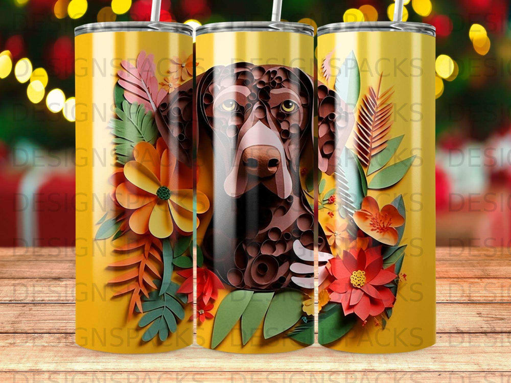 German Shorthaired Pointer portrait on yellow tumbler with floral accents.