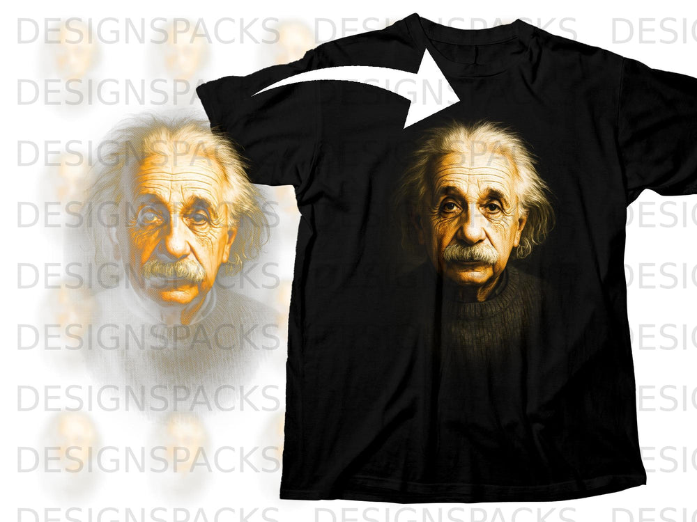 Black t-shirt with a portrait of Albert Einstein and a white arrow graphic.