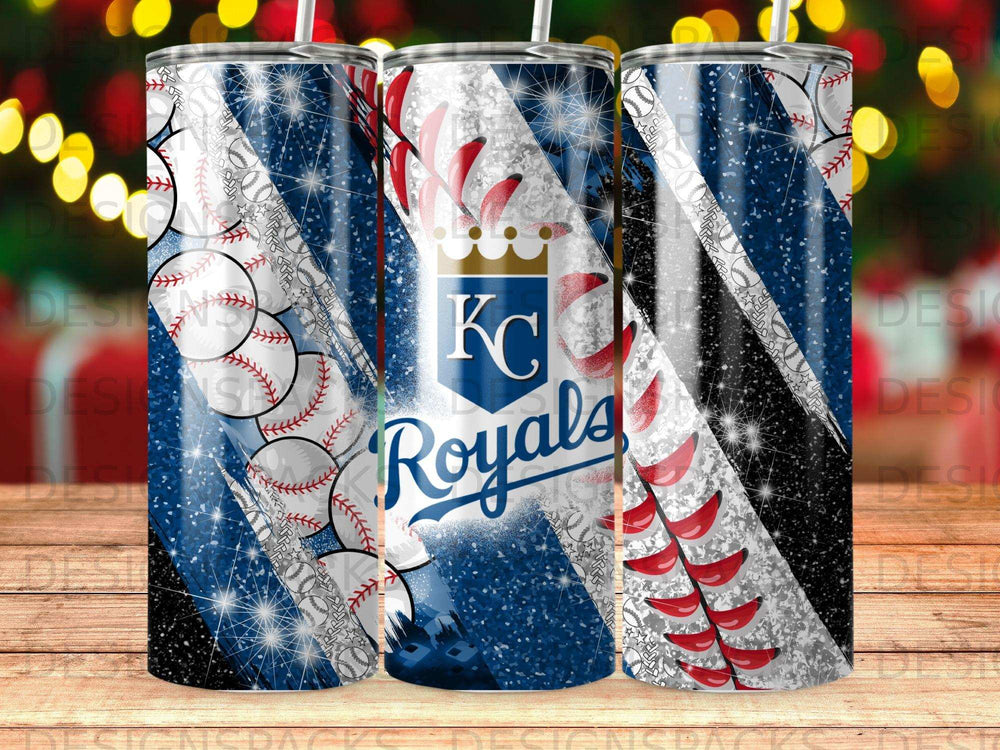 Kansas City Royals baseball tumbler with blue, white, and glitter designs.