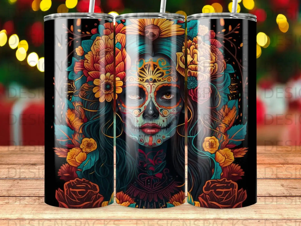 Sugar skull woman with vibrant floral headdress and glowing eyes.