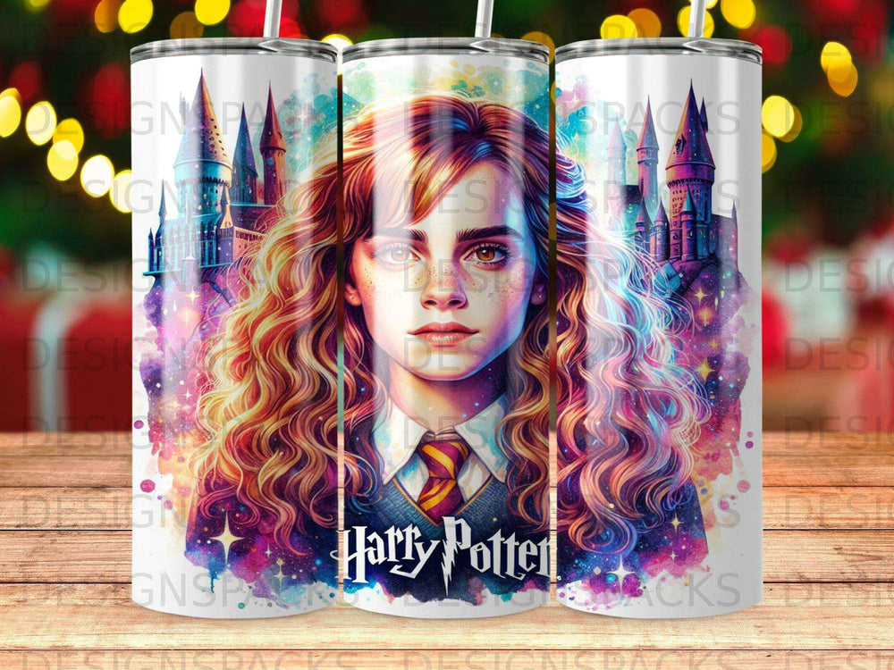 Hermione Granger from Harry Potter on a tumbler with a starry, watercolor background.