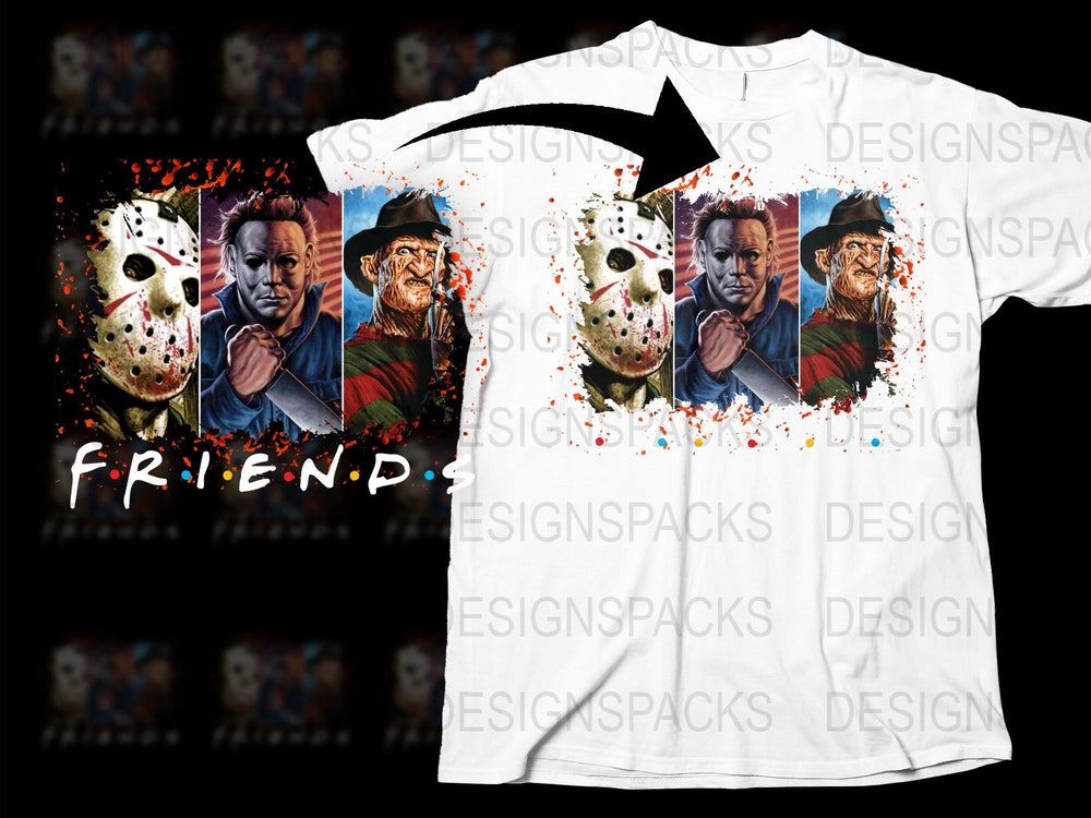 Horror Movie Icons Friends T-Shirt, Jason Freddy Krueger Graphic Tee, Splatter Design, Unisex Horror Film Shirt for Fans