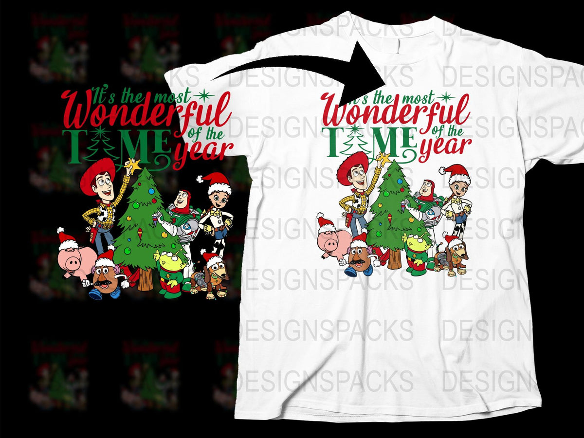 Festive Christmas T-Shirt with Cartoon Characters and Trees, Holiday Apparel for All Ages
