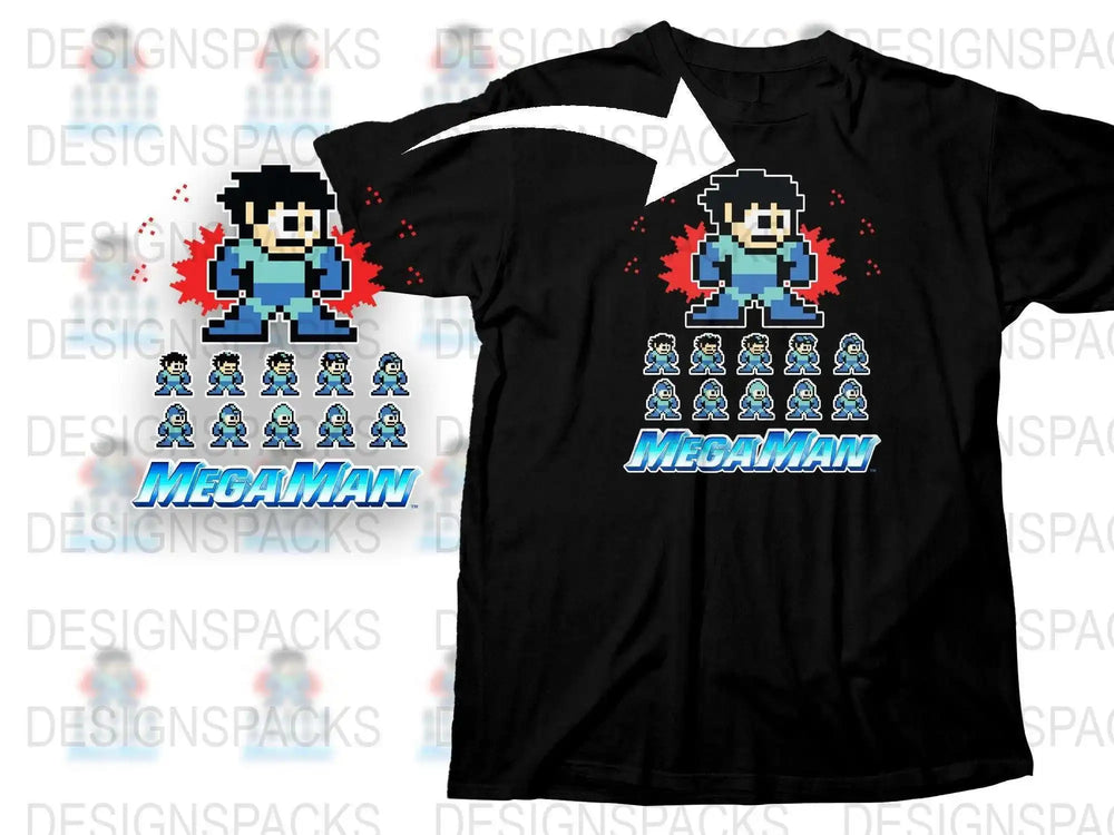 Retro Mega Man Pixel Art T-Shirt, Classic Video Game Tee, Gaming Apparel Black Cotton Shirt, Gift for Gamers