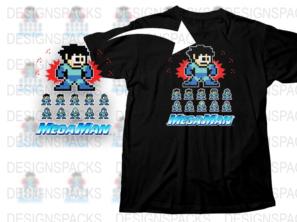 Retro Mega Man Pixel Art T-Shirt, Classic Video Game Tee, Gaming Apparel Black Cotton Shirt, Gift for Gamers