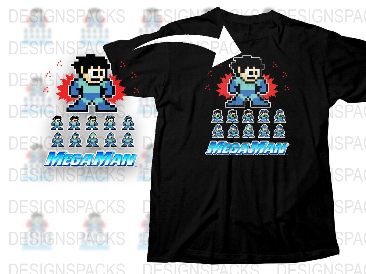 Retro Mega Man Pixel Art T-Shirt, Classic Video Game Tee, Gaming Apparel Black Cotton Shirt, Gift for Gamers