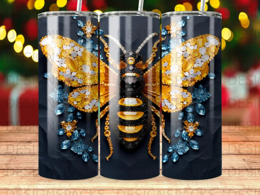 Bee adorned with gold and blue jewels on a dark background.