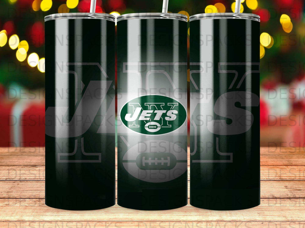 New York Jets logo on a green tumbler with a white stripe pattern.