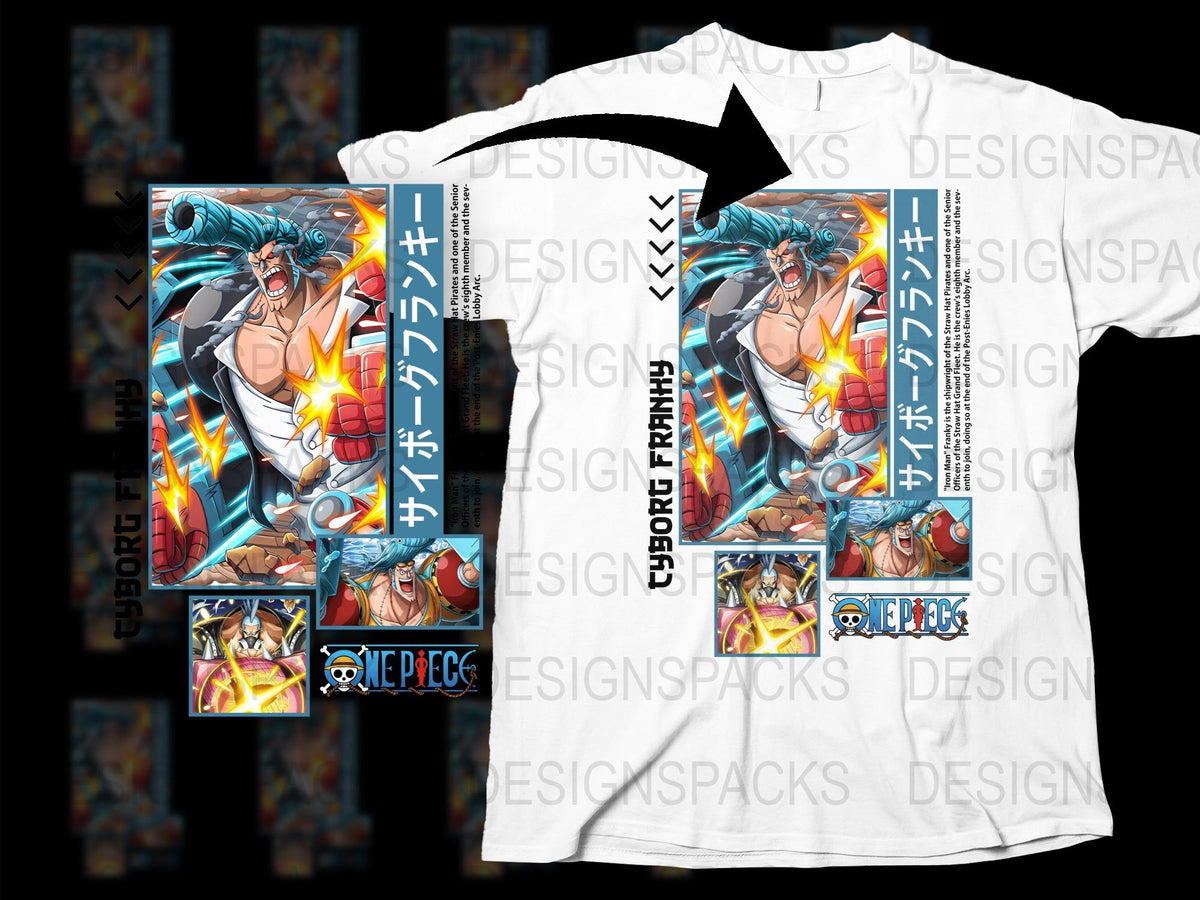 Anime Inspired Cyborg Graphic T-Shirt, Colorful One Piece Fan Art Tee, Unique Manga Style Apparel for Teens and Adults