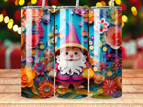 Gnome with colorful floral pattern on tumbler with bokeh lights background.