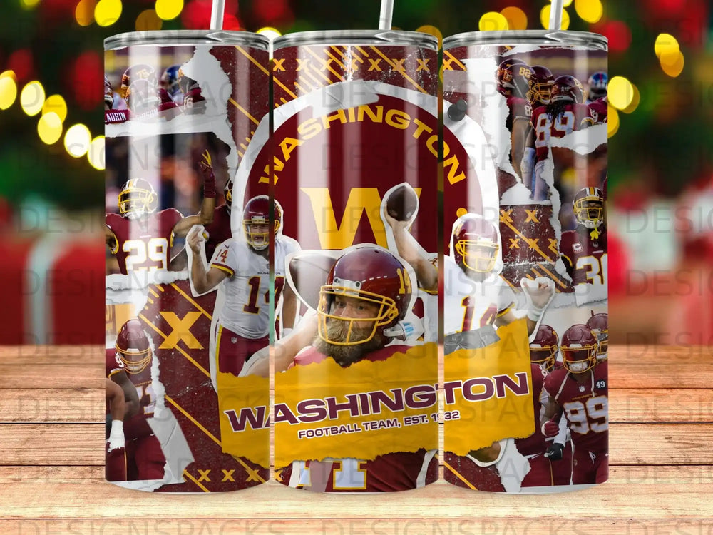 Washington Football Team design on a tumbler with player numbers and team logo.