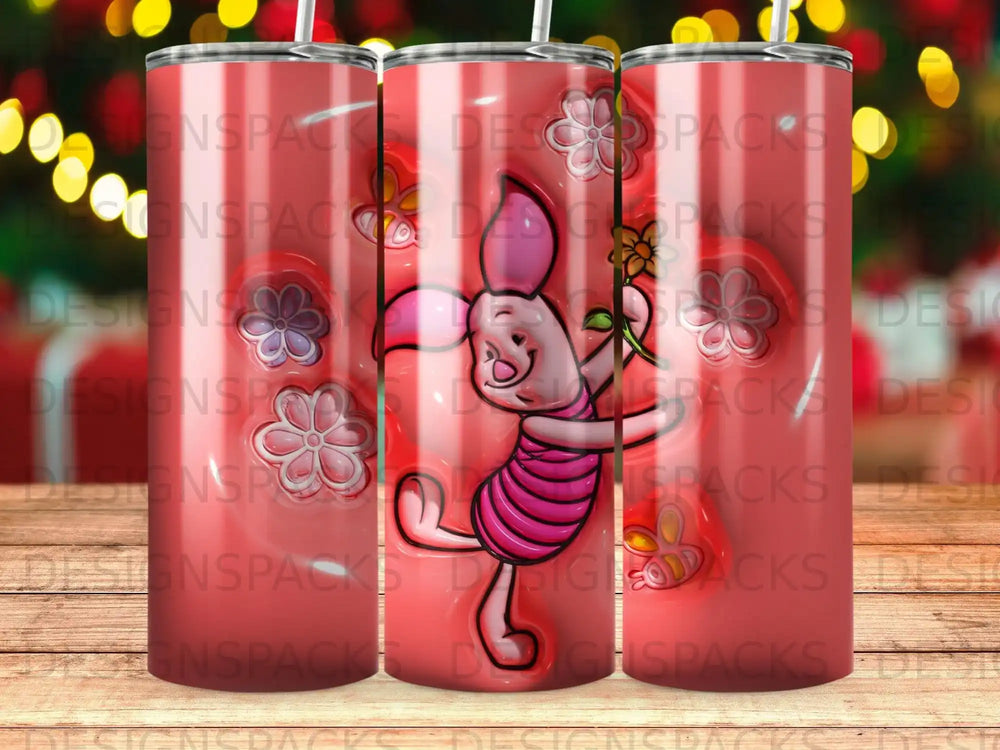 Pink Winnie the Pooh character holding flowers on a pink tumbler with repeated logo.