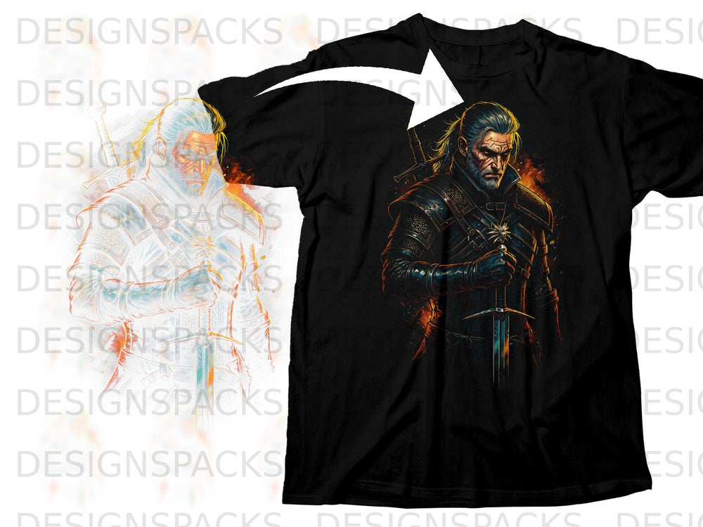 Geralt of Rivia holding a sword, illustrated on a black t-shirt.