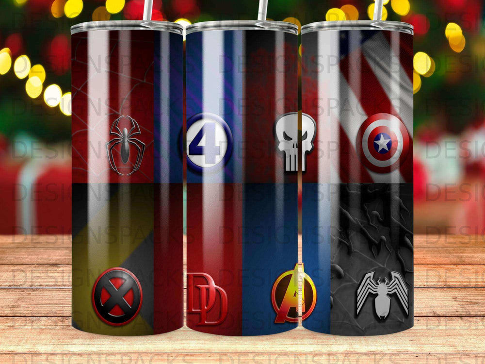 Three tumblers with superhero logos: Spider-Man, Fantastic Four, Punisher, Captain America, X-Men, Daredevil, Batman, and Venom.