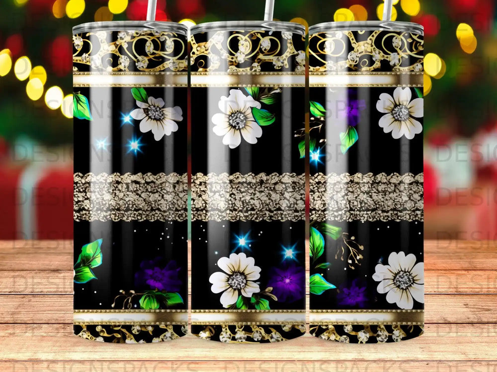 Tumbler with black background, white and purple flowers, gold accents, and sparkling details.