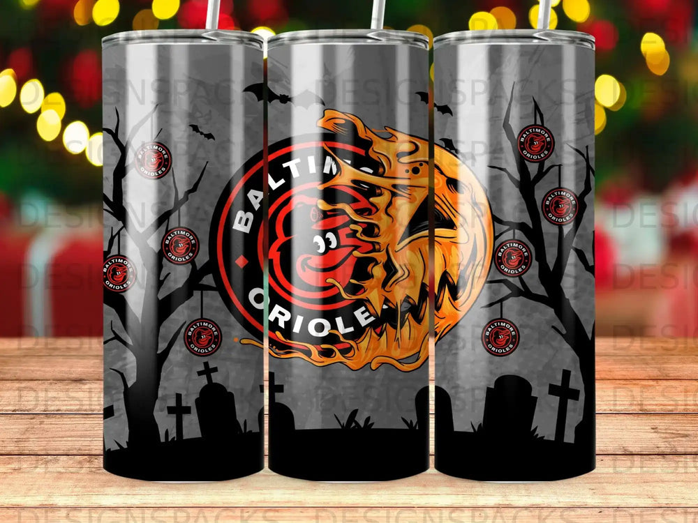 Baltimore Orioles Halloween-themed tumblers with spooky trees and gravestones.