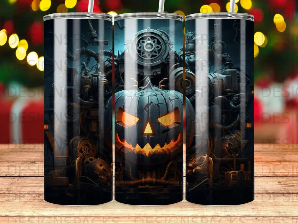 Halloween pumpkin with glowing eyes in a dark, industrial, steampunk setting.