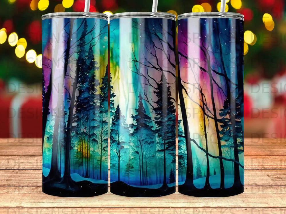 Night sky aurora borealis over dark forest trees on a tumbler.