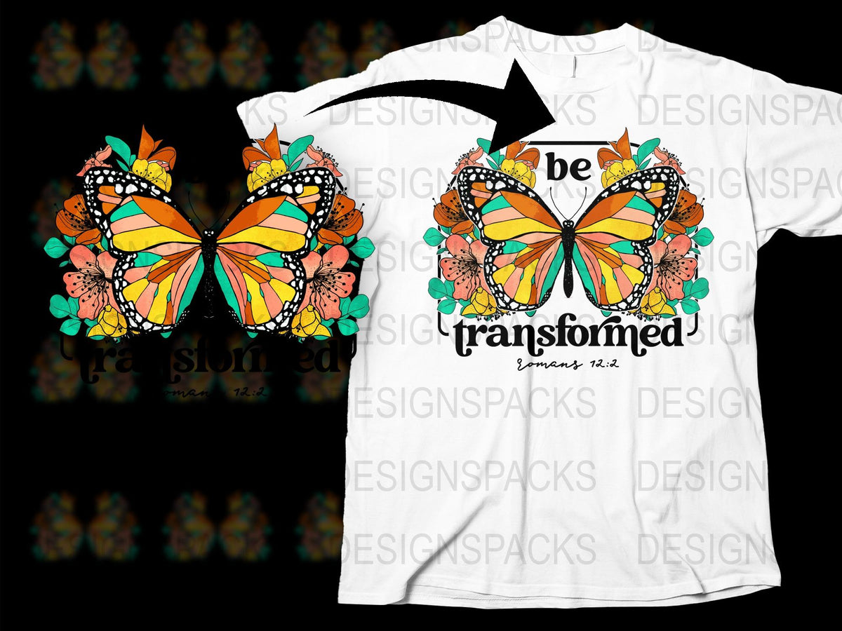 Butterfly Graphic T-Shirt, Be Transformed Inspirational Quote, Romans 12:2, Women's Floral Tee, Colorful Summer Top, Unique Christian Gift