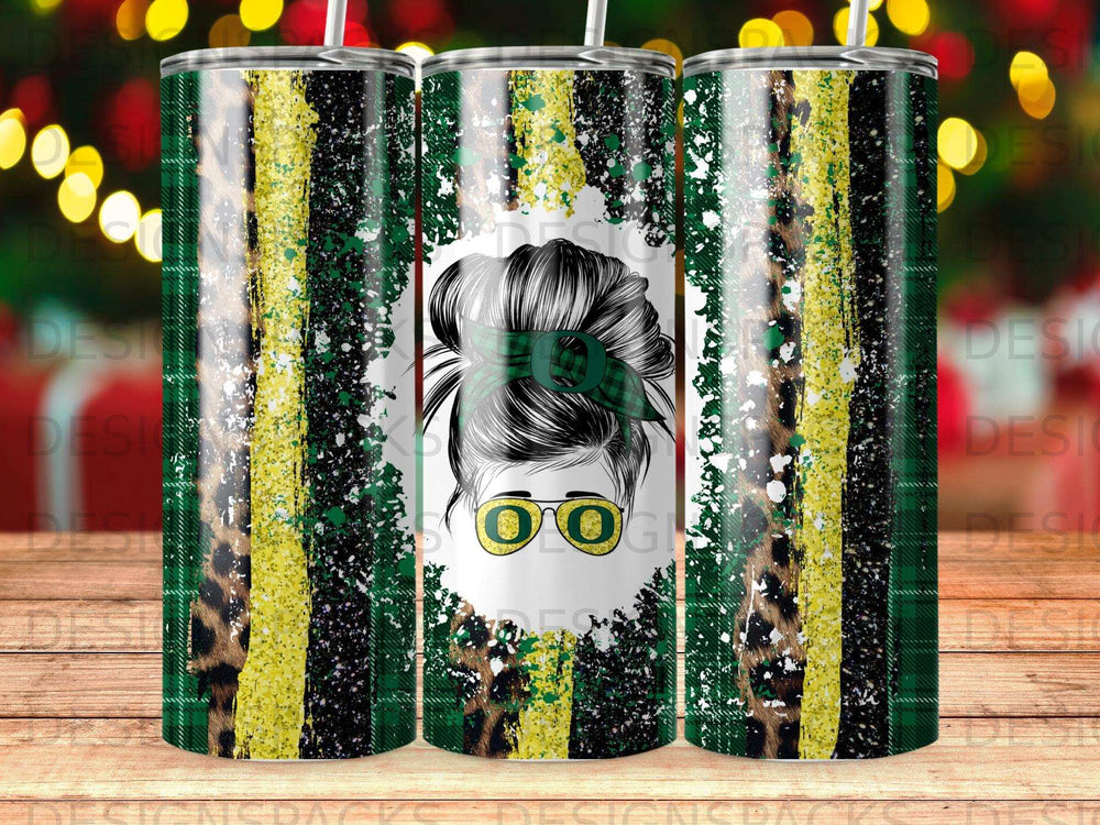 Tumbler with messy bun, sunglasses, leopard print, and green/black stripes.