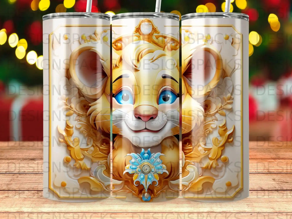 Lion cub wearing a crown and ornate golden armor, blue eyes.