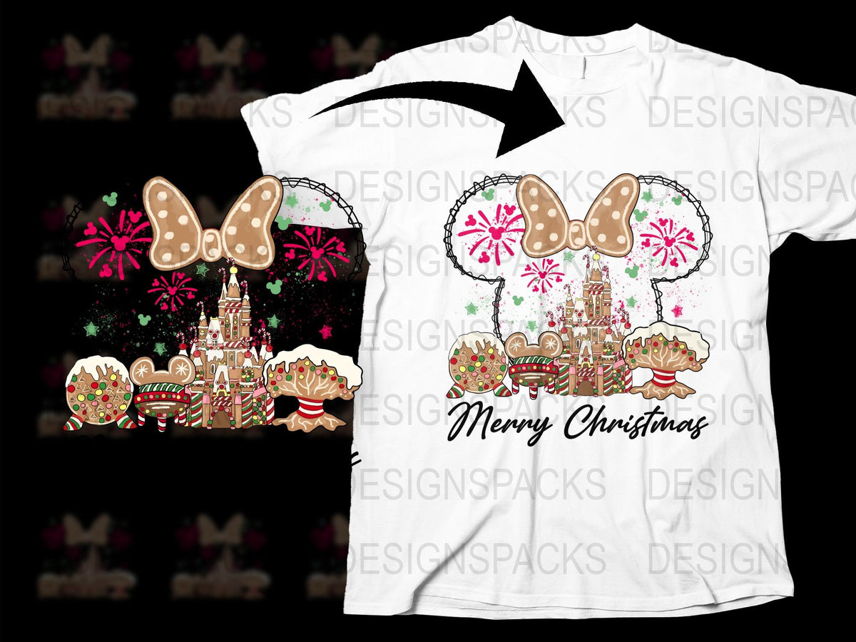 Merry Christmas T-Shirt, Holiday Castle and Gingerbread Design, Festive Graphic Tee