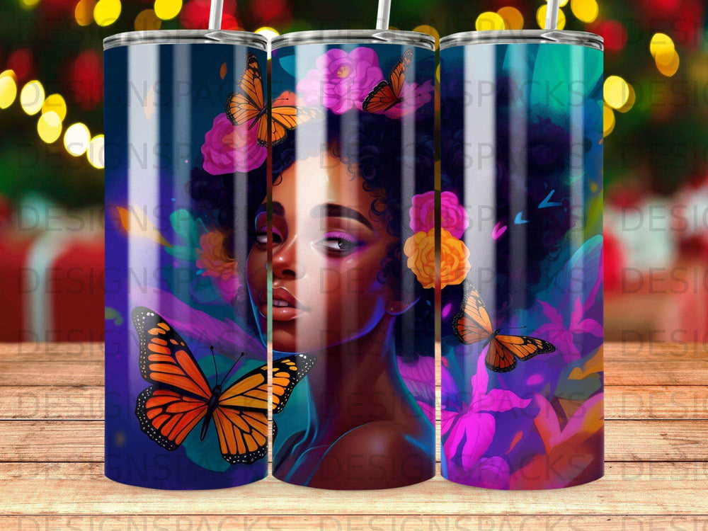 Woman with butterflies and flowers on a patterned tumbler.