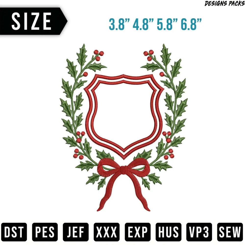 Embroidered holly wreath with bow around a shield, listing sizes and file types.
