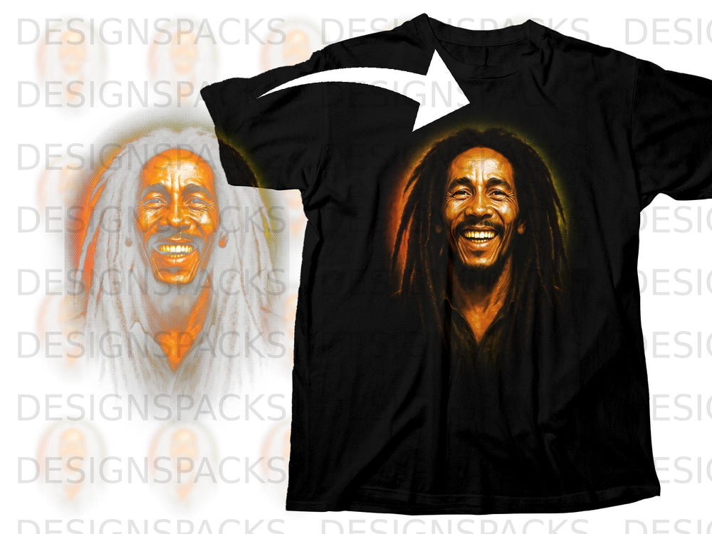 Black t-shirt with a detailed graphic of Bob Marley smiling.