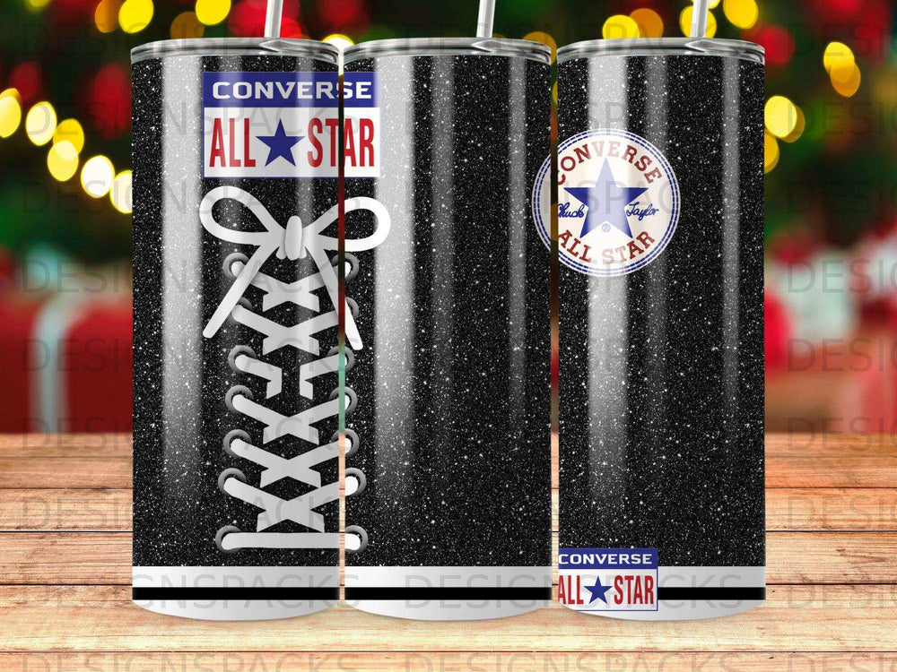 Black tumbler with Converse All-Star logo and shoelace design.
