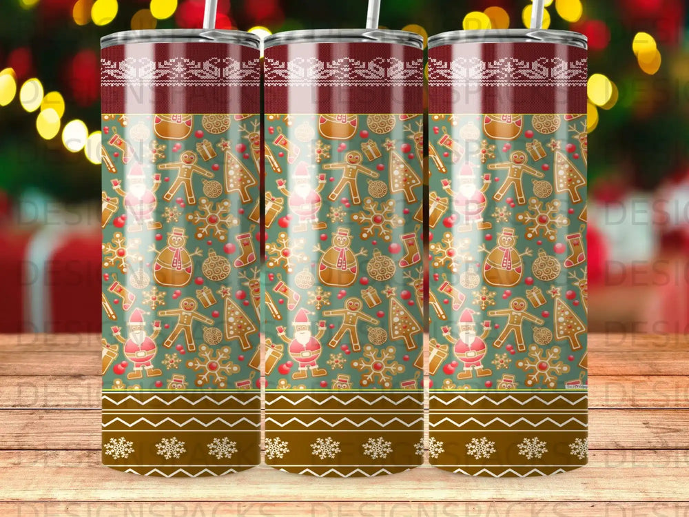 Christmas pattern tumbler with gingerbread men, Santas, and snowflakes.