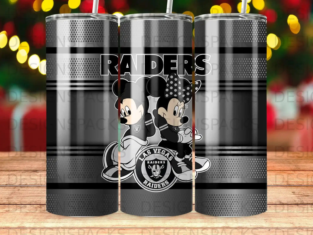 Mickey and Minnie Mouse as Las Vegas Raiders mascots on a tumbler.