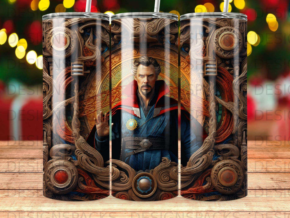 Doctor Strange in ornate frame, raising hand, mystical background, three times.
