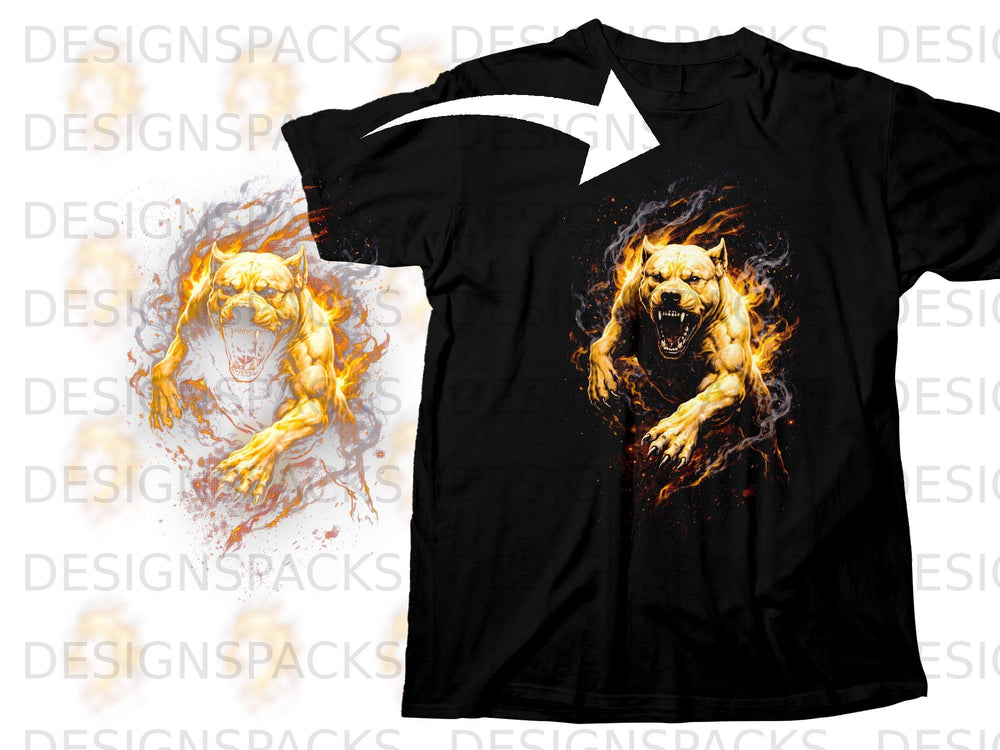 Black t-shirt with a roaring dog engulfed in flames graphic.