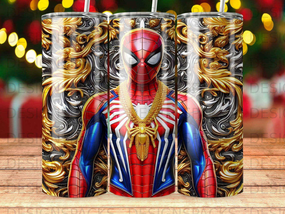 Spider-Man character in costume with gold chain, against ornate patterned background.
