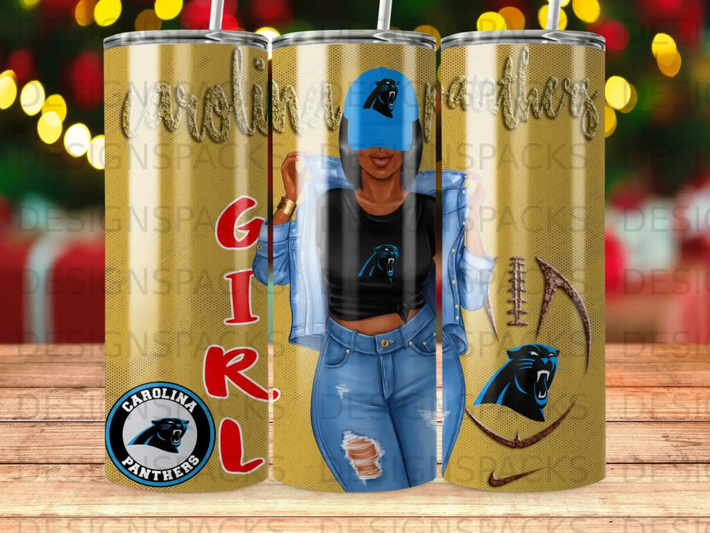 Carolina Panthers tumbler with a woman wearing team gear and the team logo.