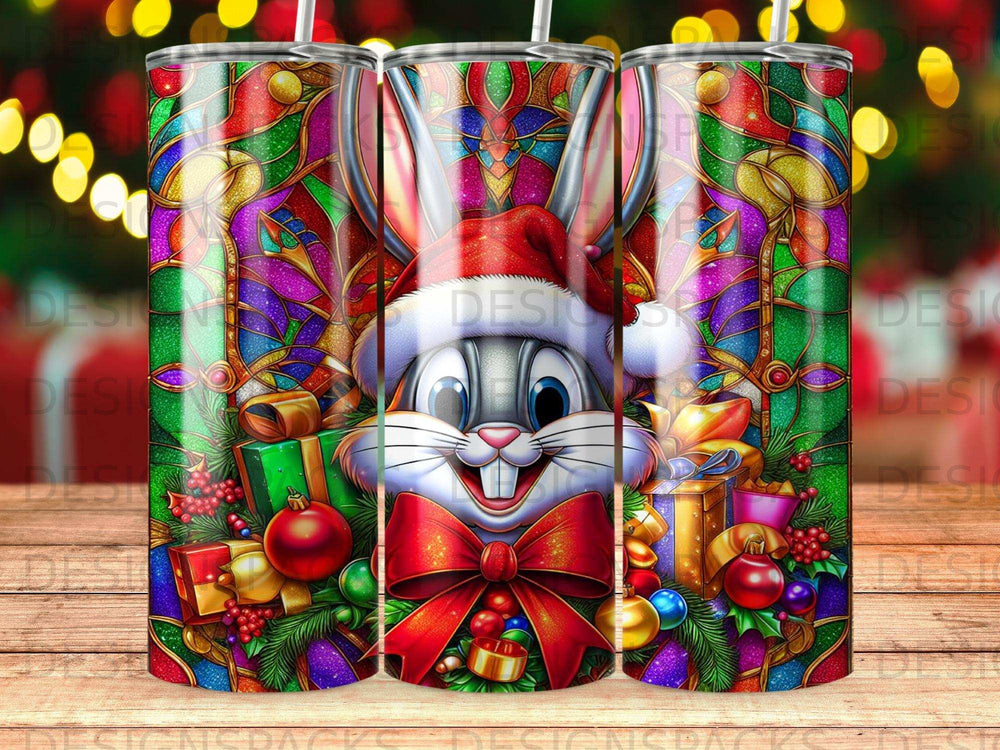 Bugs Bunny in Santa hat with Christmas gifts and stained glass background.