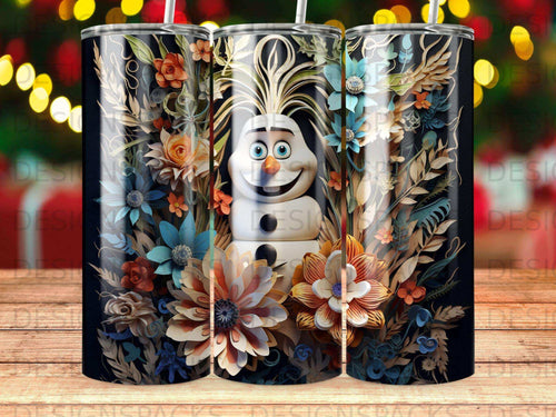 Olaf character surrounded by colorful flowers on a black patterned tumbler.