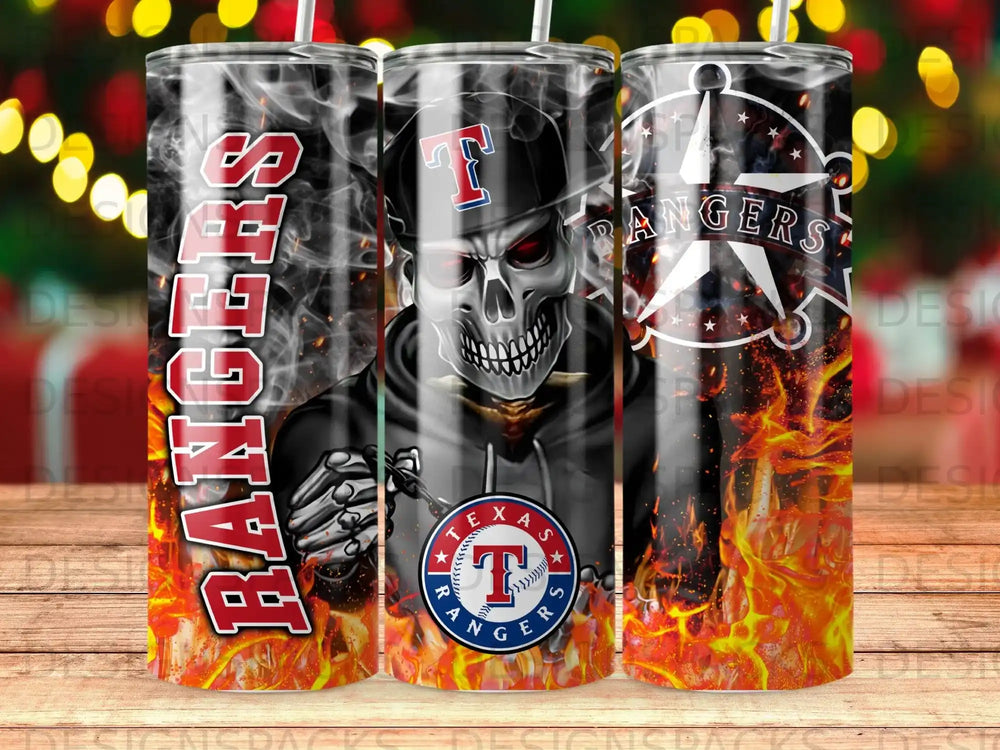 Texas Rangers skull graphic on a tumbler with flames and the team logo.