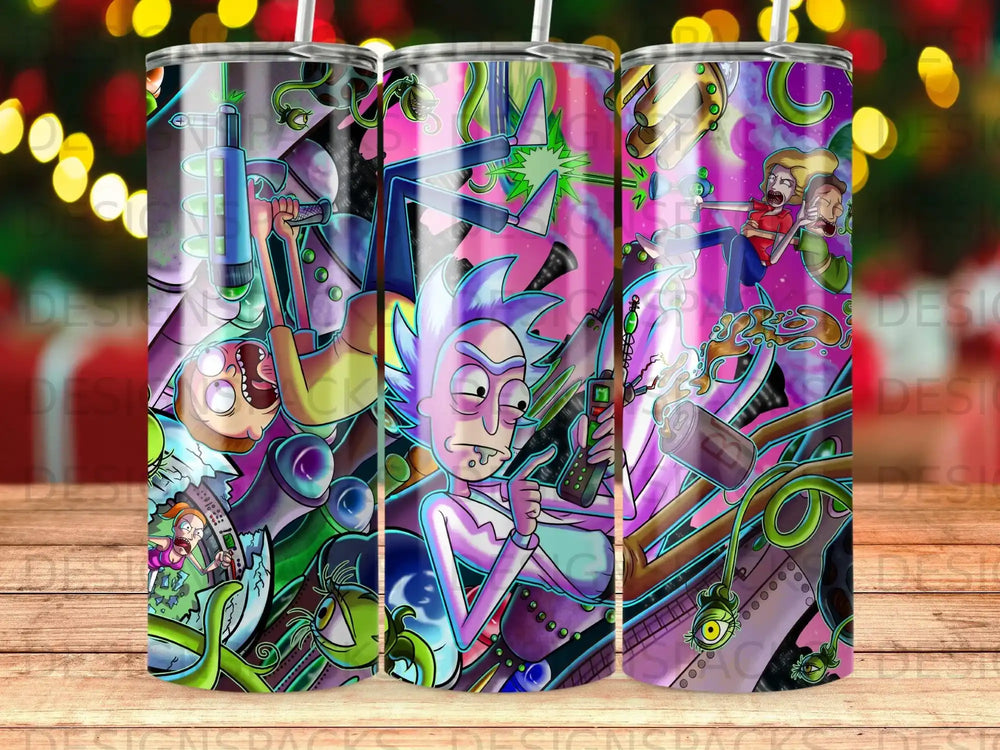 Rick and Morty characters in a chaotic, colorful science fiction scene.