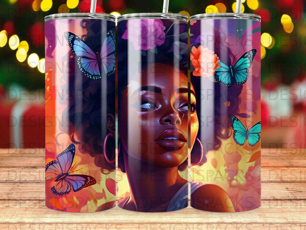Woman with butterflies and flowers on a pink and purple tumbler.