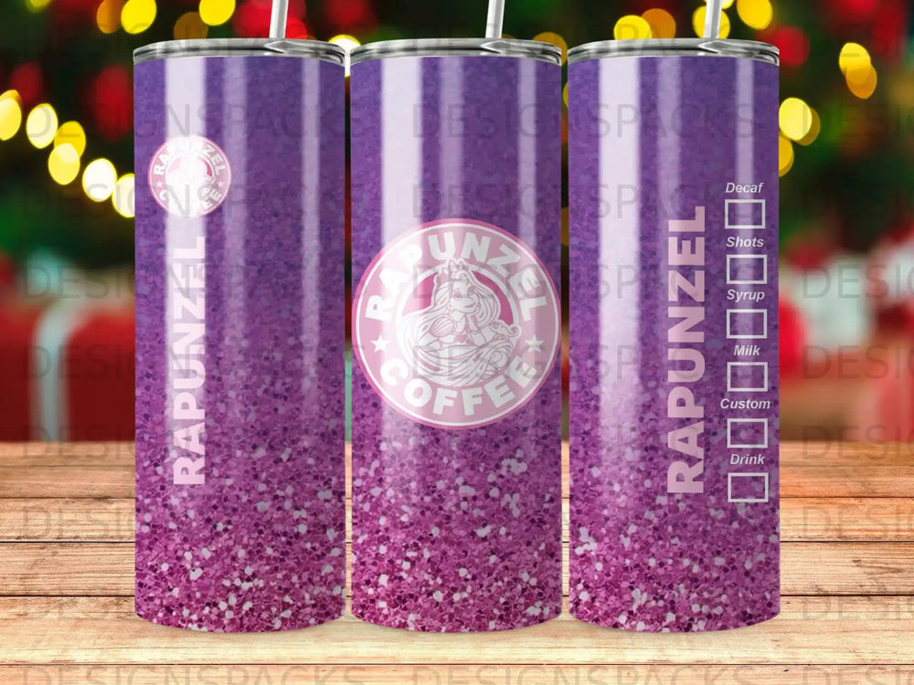 Rapunzel Coffee tumbler with purple glitter and drink customization options.