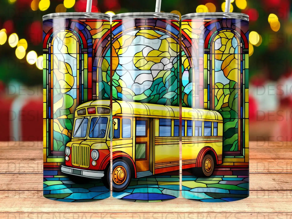 Yellow school bus in front of stained glass windows.