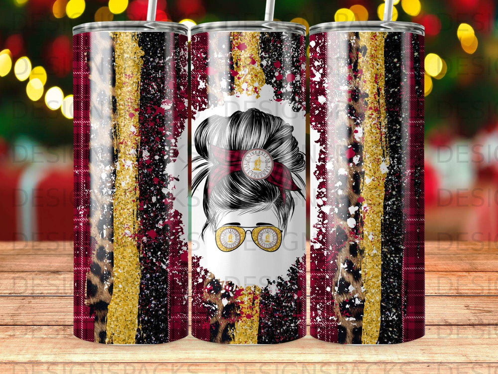 Tumbler with messy bun, leopard, and plaid design.