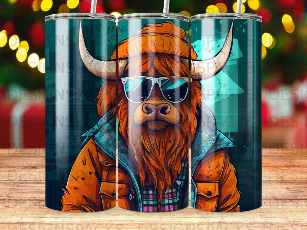 Highland cow wearing sunglasses and a flannel shirt, depicted on a tumbler.